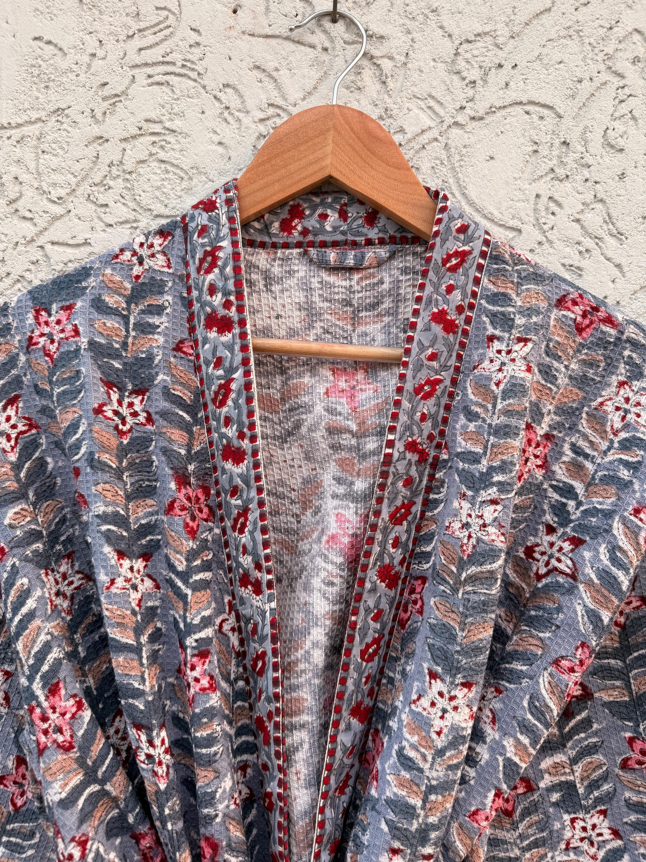 Handmade Block Print Waffle Cotton Bathrobe – Grey & Red Floral Jaipuri Robe – Lightweight Kimono Style Spa Robe – Women’s Lounge Wear Gift