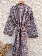 Handmade Block Print Waffle Cotton Bathrobe – Grey & Red Floral Jaipuri Robe – Lightweight Kimono Style Spa Robe – Women’s Lounge Wear Gift