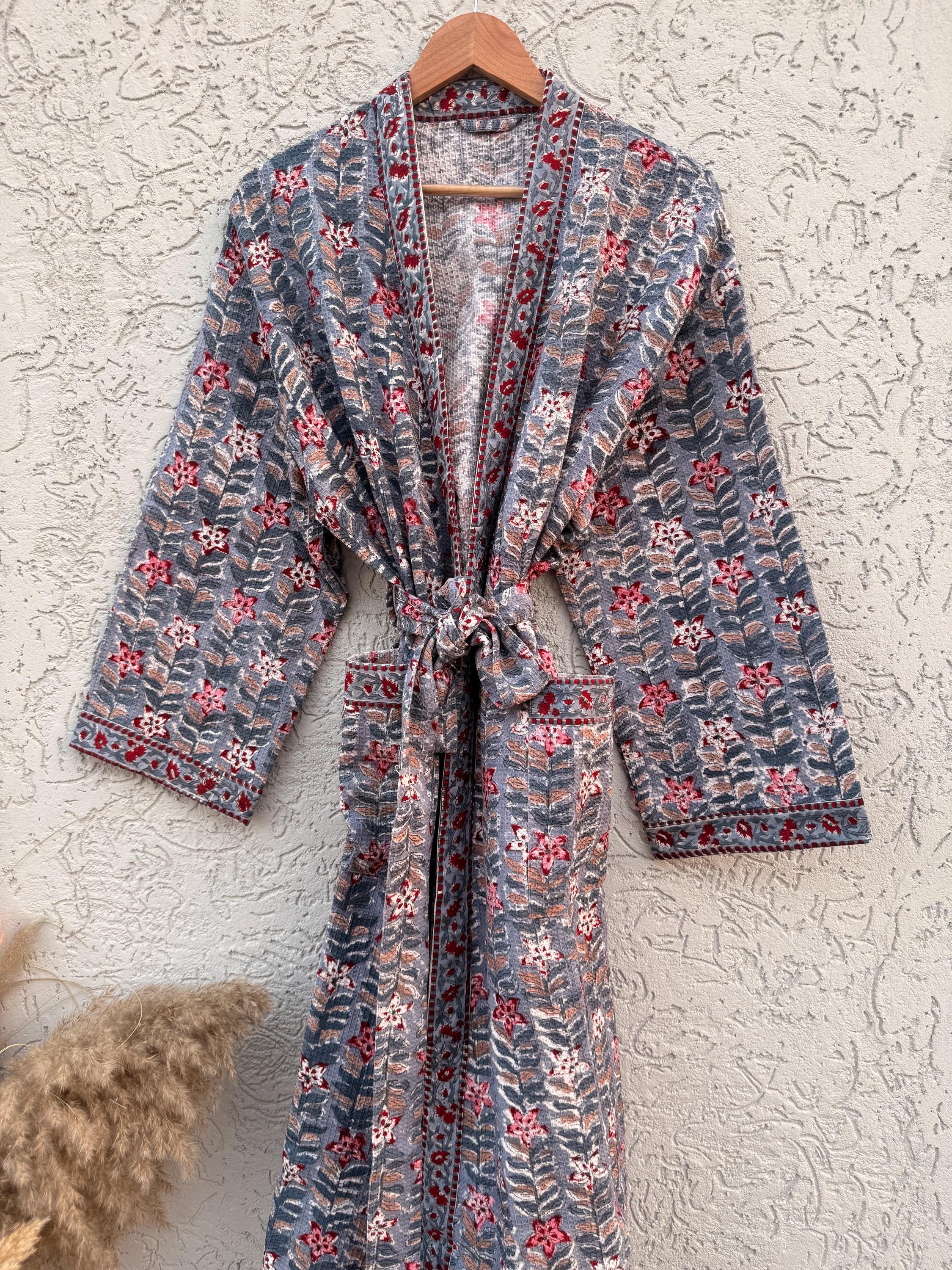 Handmade Block Print Waffle Cotton Bathrobe – Grey & Red Floral Jaipuri Robe – Lightweight Kimono Style Spa Robe – Women’s Lounge Wear Gift