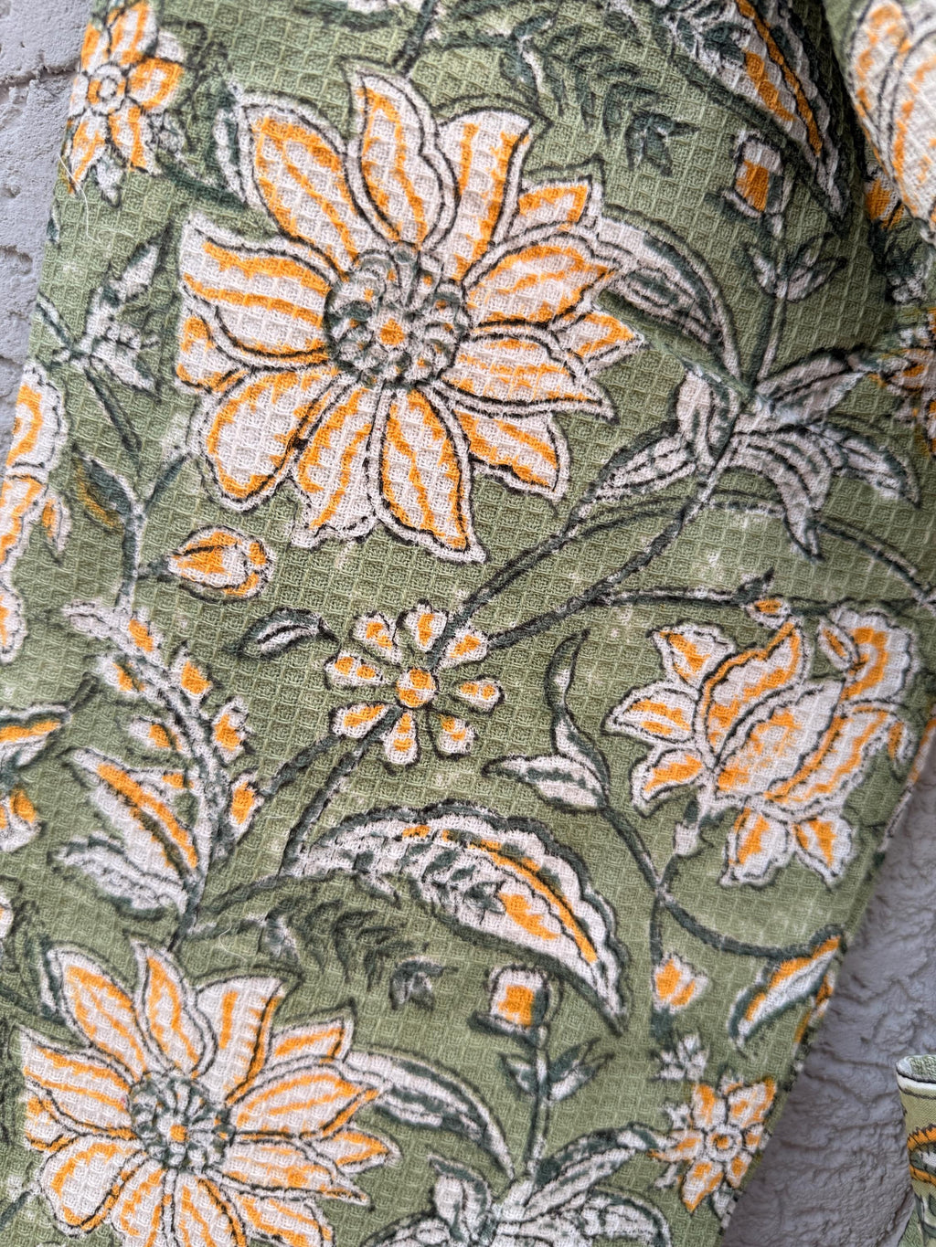 Green Floral Block Print Waffle Cotton Bathrobe – Handmade Jaipuri Kimono Robe – Lightweight Spa & Lounge Wear – Bridesmaid Gift for Women
