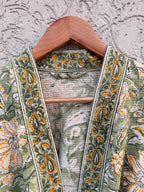 Green Floral Block Print Waffle Cotton Bathrobe – Handmade Jaipuri Kimono Robe – Lightweight Spa & Lounge Wear – Bridesmaid Gift for Women