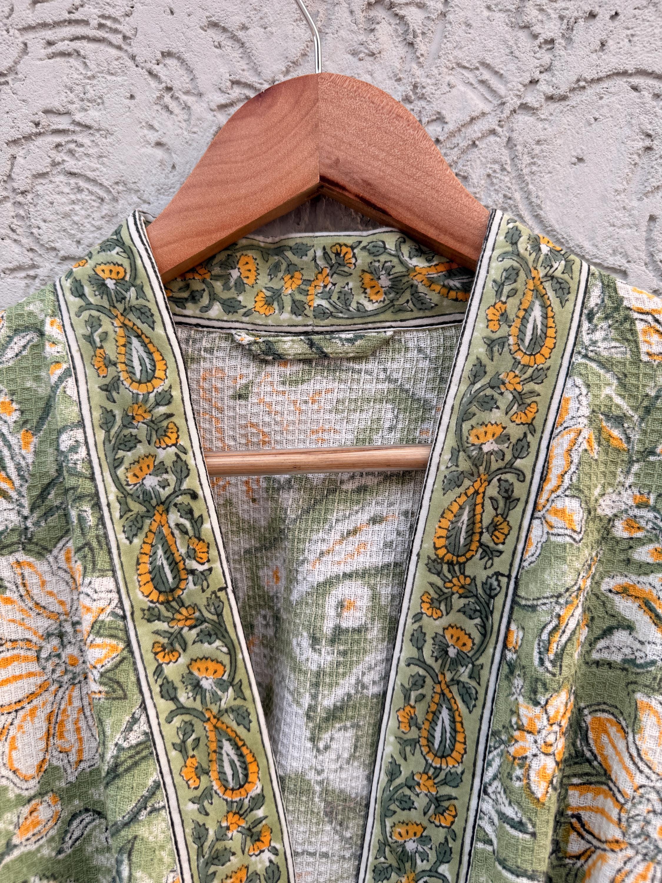 Green Floral Block Print Waffle Cotton Bathrobe – Handmade Jaipuri Kimono Robe – Lightweight Spa & Lounge Wear – Bridesmaid Gift for Women
