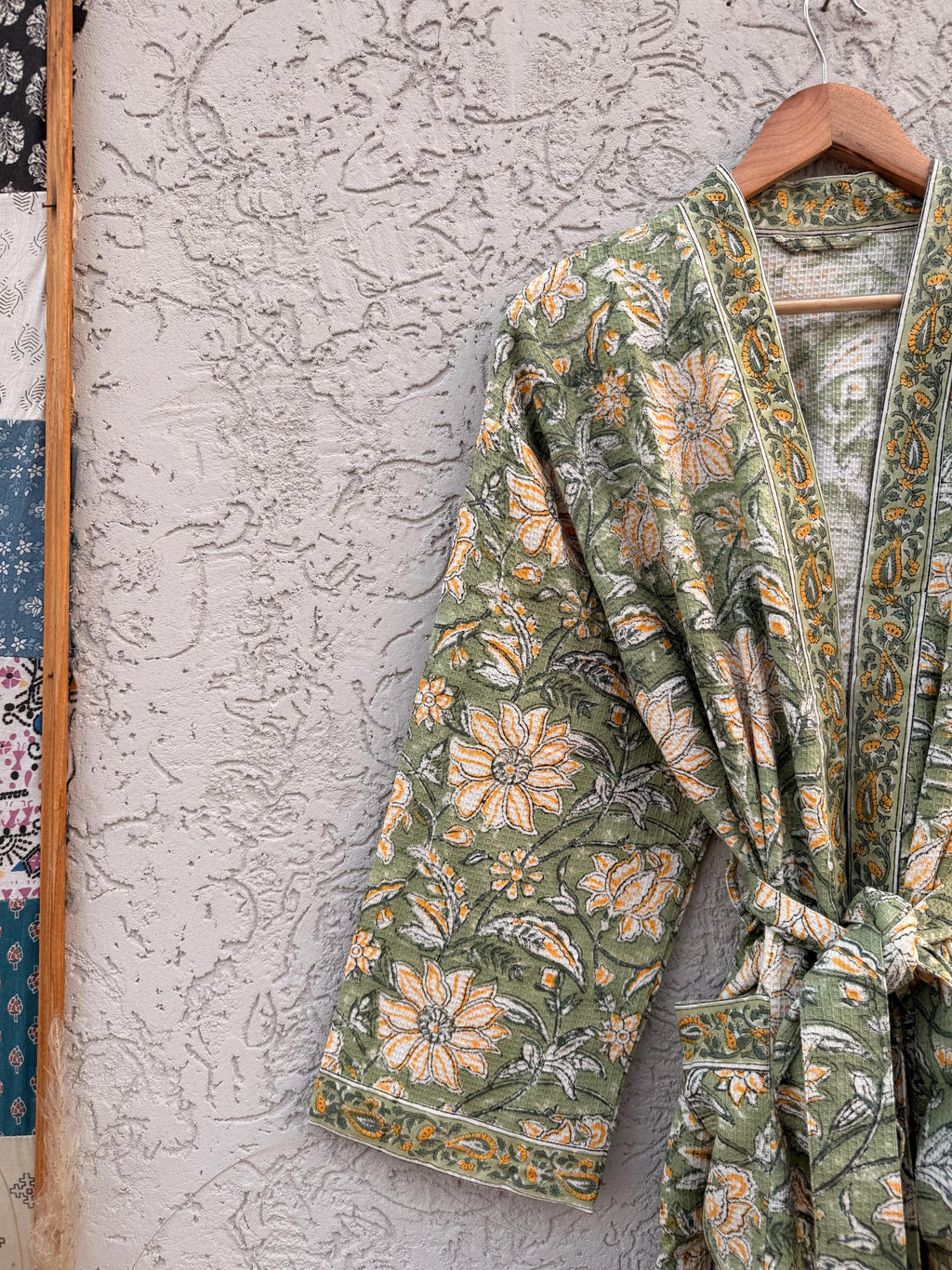 Green Floral Block Print Waffle Cotton Bathrobe – Handmade Jaipuri Kimono Robe – Lightweight Spa & Lounge Wear – Bridesmaid Gift for Women