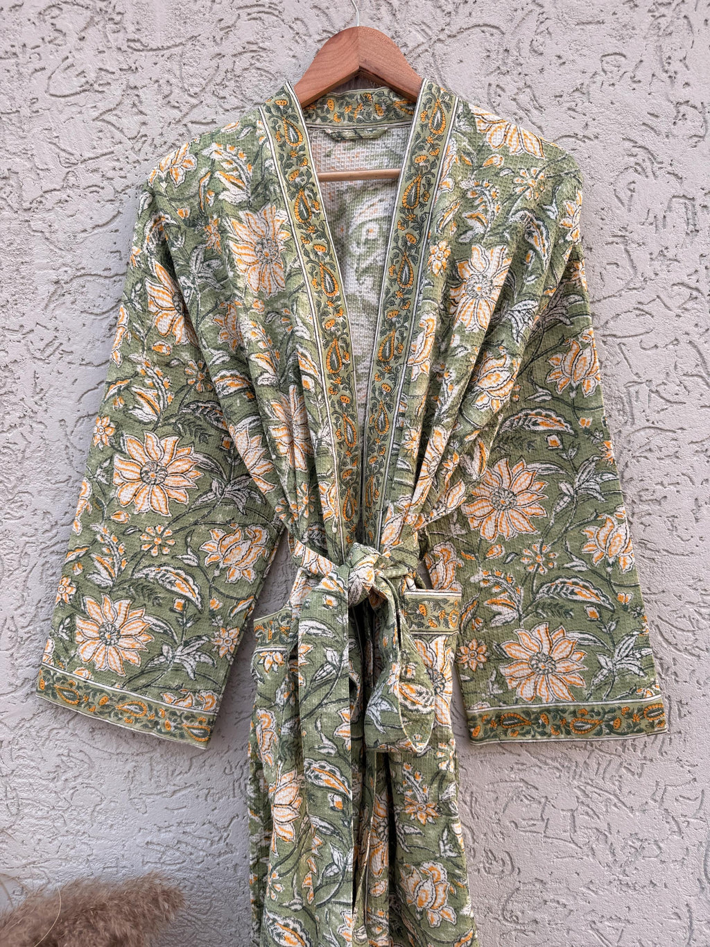 Green Floral Block Print Waffle Cotton Bathrobe – Handmade Jaipuri Kimono Robe – Lightweight Spa & Lounge Wear – Bridesmaid Gift for Women