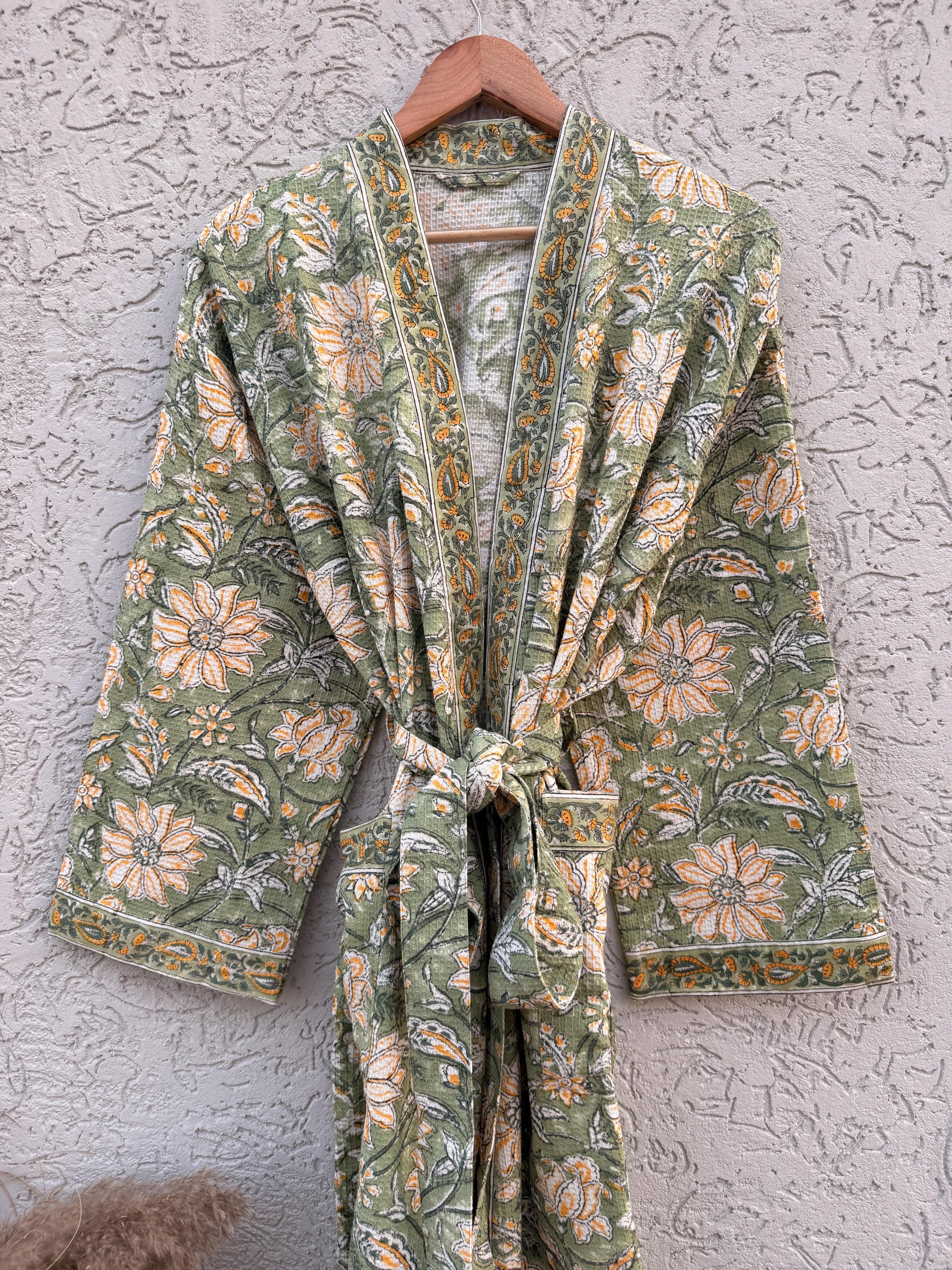 Green Floral Block Print Waffle Cotton Bathrobe – Handmade Jaipuri Kimono Robe – Lightweight Spa & Lounge Wear – Bridesmaid Gift for Women