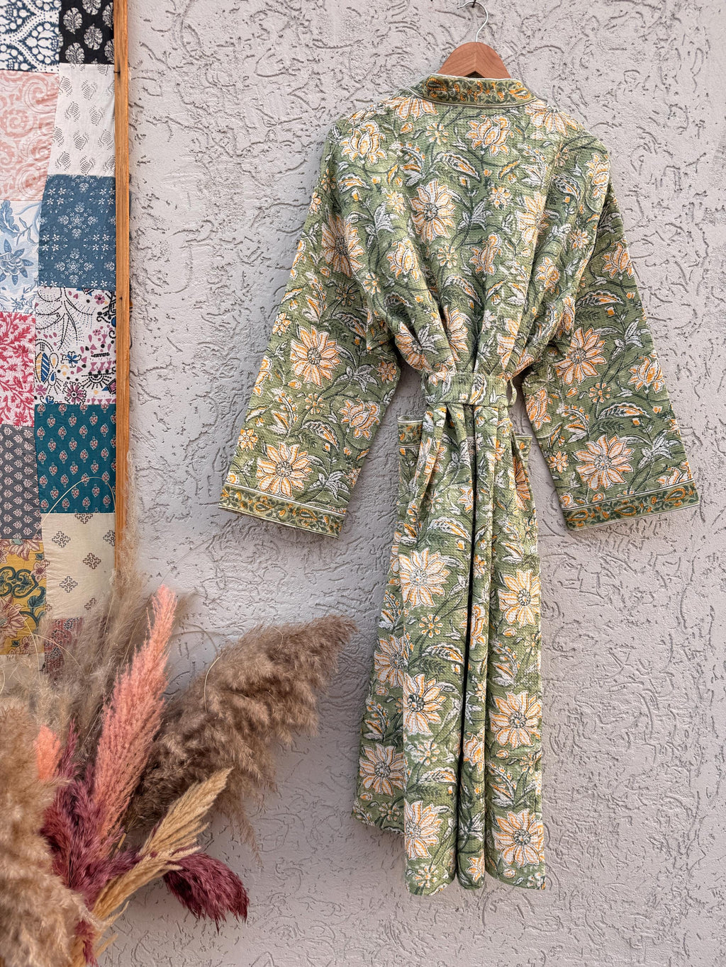 Green Floral Block Print Waffle Cotton Bathrobe – Handmade Jaipuri Kimono Robe – Lightweight Spa & Lounge Wear – Bridesmaid Gift for Women