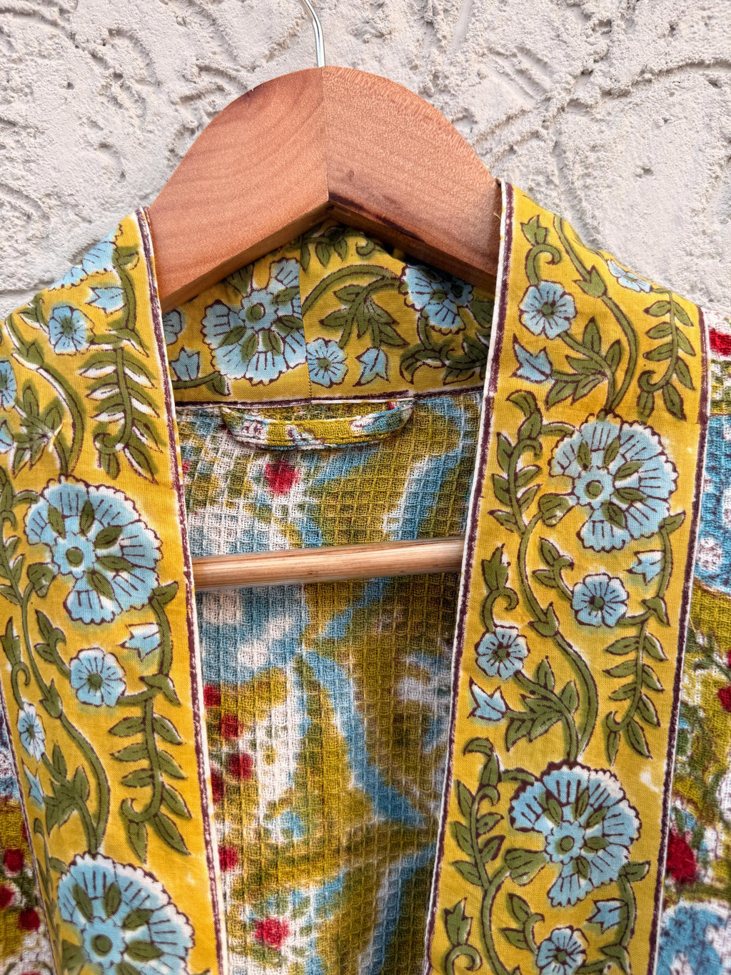 Mustard Yellow Block Print Waffle Cotton Bathrobe – Handmade Jaipuri Floral Kimono Robe – Lightweight Spa Lounge Wear – Bridesmaid Gift
