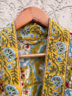 Mustard Yellow Block Print Waffle Cotton Bathrobe – Handmade Jaipuri Floral Kimono Robe – Lightweight Spa Lounge Wear – Bridesmaid Gift