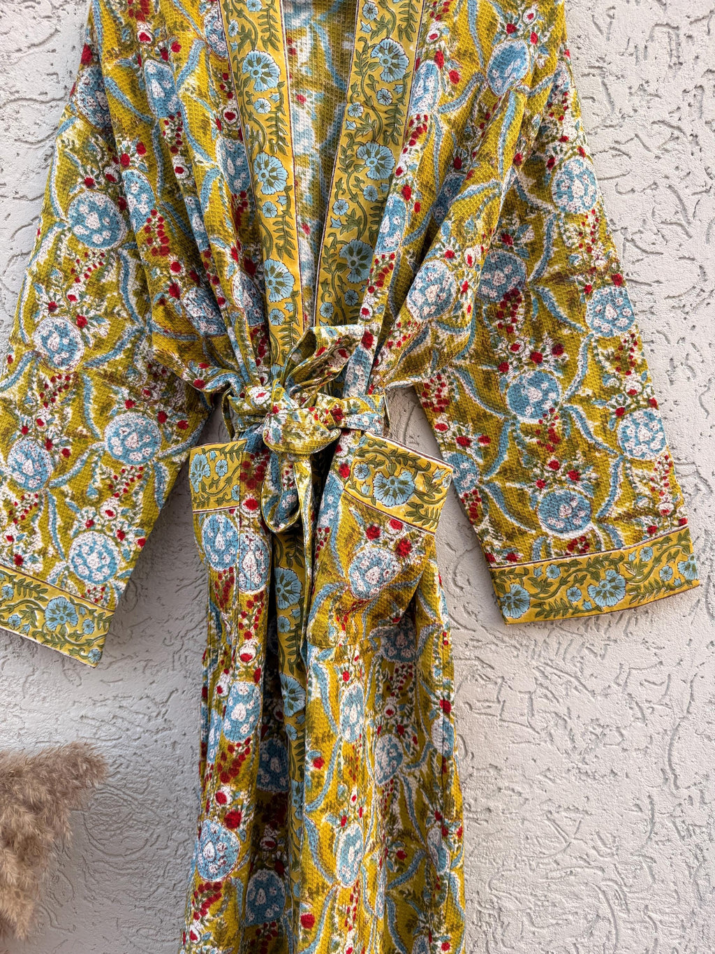 Mustard Yellow Block Print Waffle Cotton Bathrobe – Handmade Jaipuri Floral Kimono Robe – Lightweight Spa Lounge Wear – Bridesmaid Gift