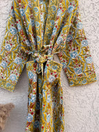 Mustard Yellow Block Print Waffle Cotton Bathrobe – Handmade Jaipuri Floral Kimono Robe – Lightweight Spa Lounge Wear – Bridesmaid Gift