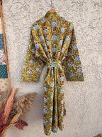 Mustard Yellow Block Print Waffle Cotton Bathrobe – Handmade Jaipuri Floral Kimono Robe – Lightweight Spa Lounge Wear – Bridesmaid Gift