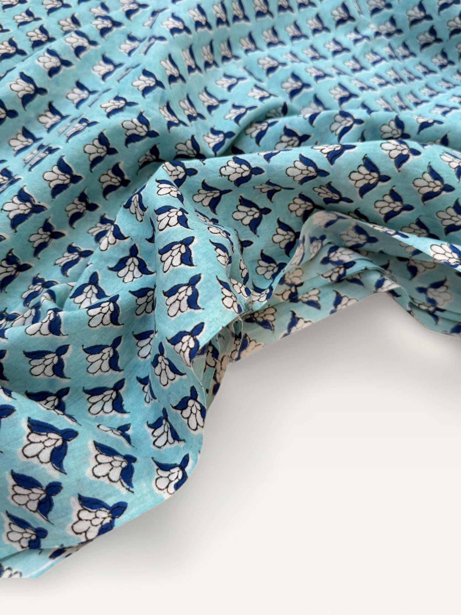 Blue Floral Hand Block Print Cotton Fabric by Yard, Indian Blockprint Fabric, Soft Cotton Sewing Fabric, Quilting Fabric, Craft Fabric,