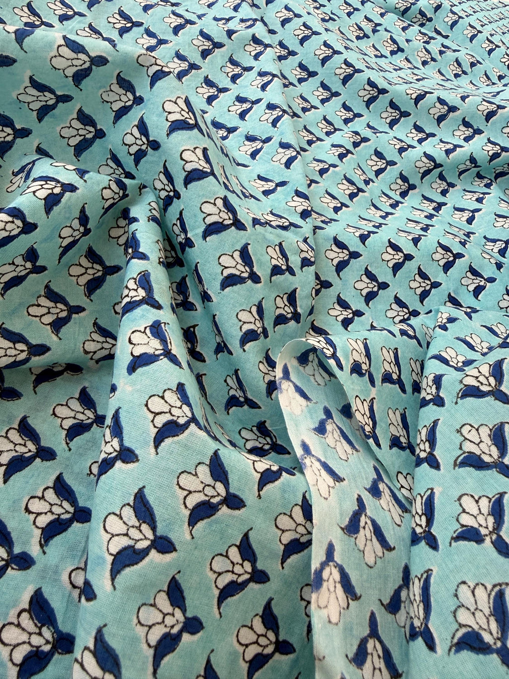 Blue Floral Hand Block Print Cotton Fabric by Yard, Indian Blockprint Fabric, Soft Cotton Sewing Fabric, Quilting Fabric, Craft Fabric,