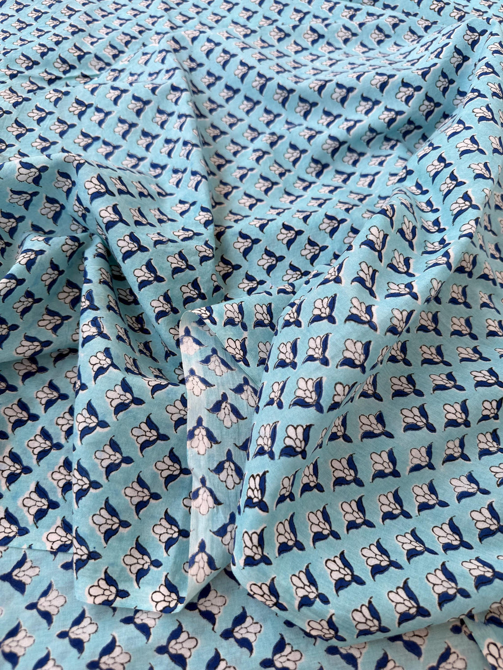 Blue Floral Hand Block Print Cotton Fabric by Yard, Indian Blockprint Fabric, Soft Cotton Sewing Fabric, Quilting Fabric, Craft Fabric,