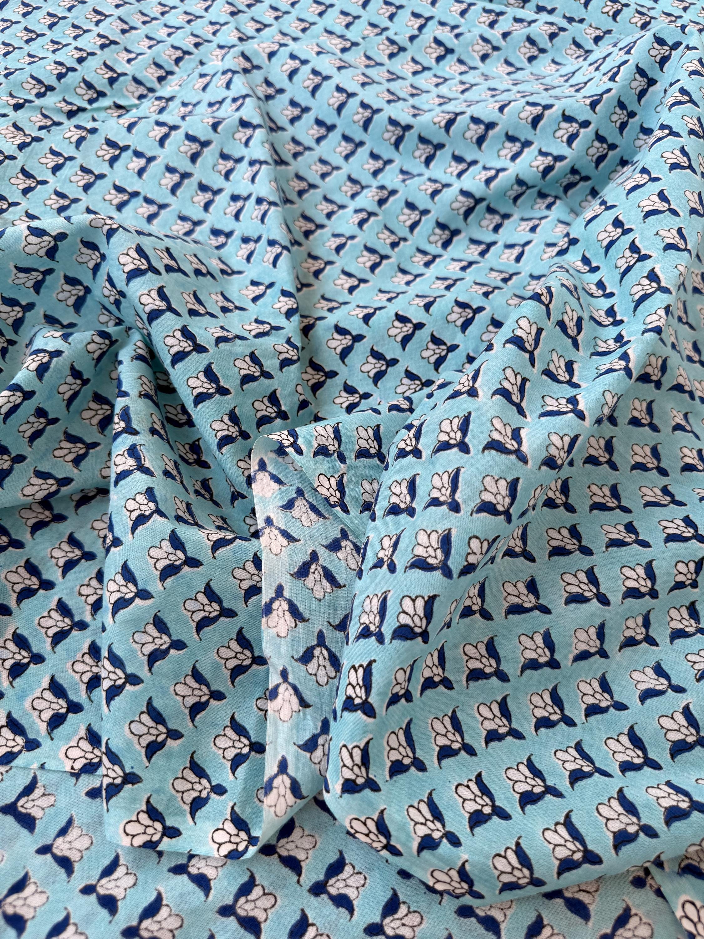 Blue Floral Hand Block Print Cotton Fabric by Yard, Indian Blockprint Fabric, Soft Cotton Sewing Fabric, Quilting Fabric, Craft Fabric,