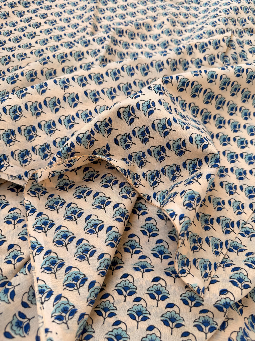 Beige Blue Floral Hand Block Print Cotton Fabric by Yard, Indian Block Print Fabric, Small Floral Cotton Fabric for Quilting, Sewing