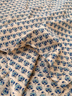 Beige Blue Floral Hand Block Print Cotton Fabric by Yard, Indian Block Print Fabric, Small Floral Cotton Fabric for Quilting, Sewing
