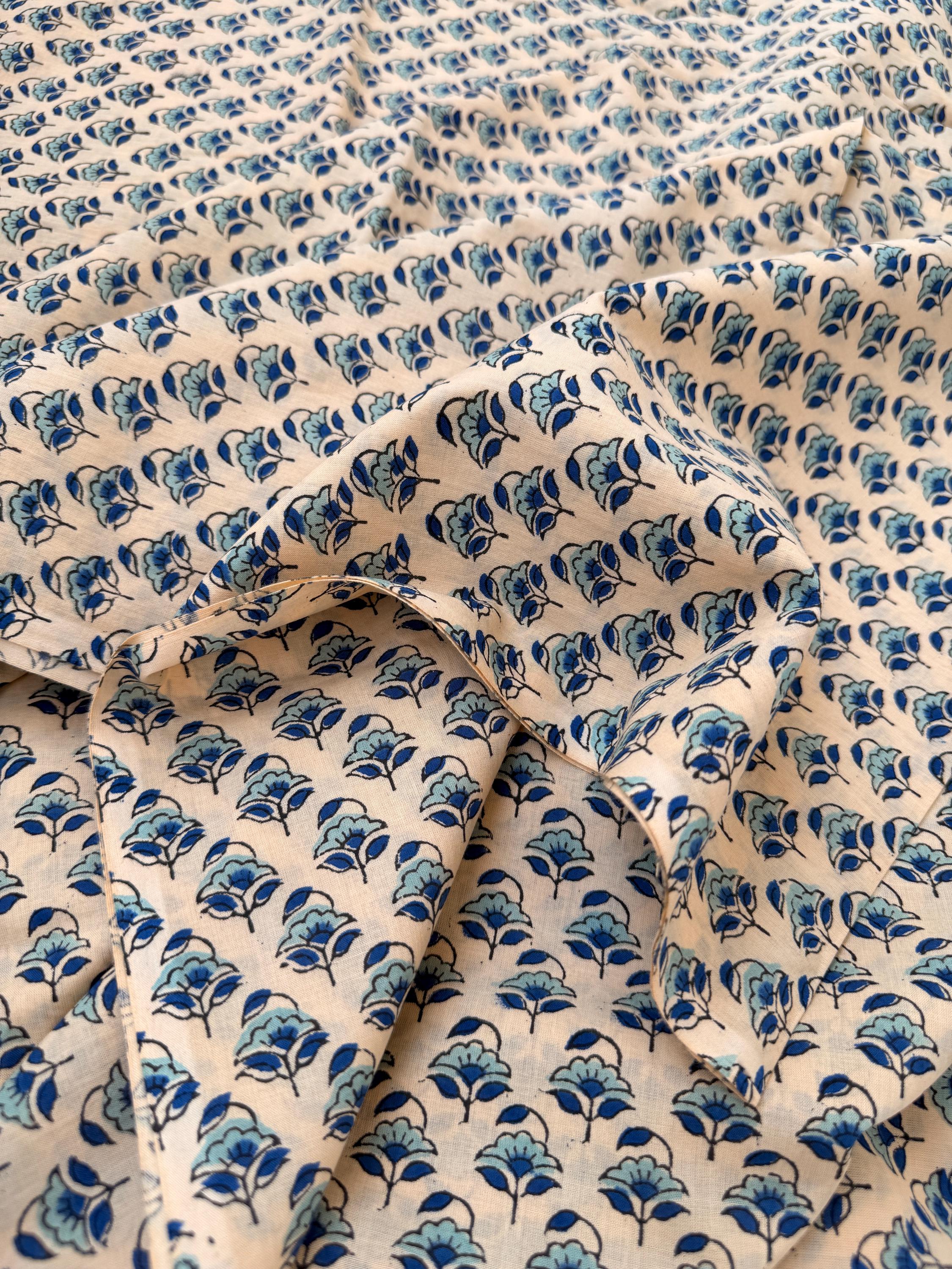 Beige Blue Floral Hand Block Print Cotton Fabric by Yard, Indian Block Print Fabric, Small Floral Cotton Fabric for Quilting, Sewing