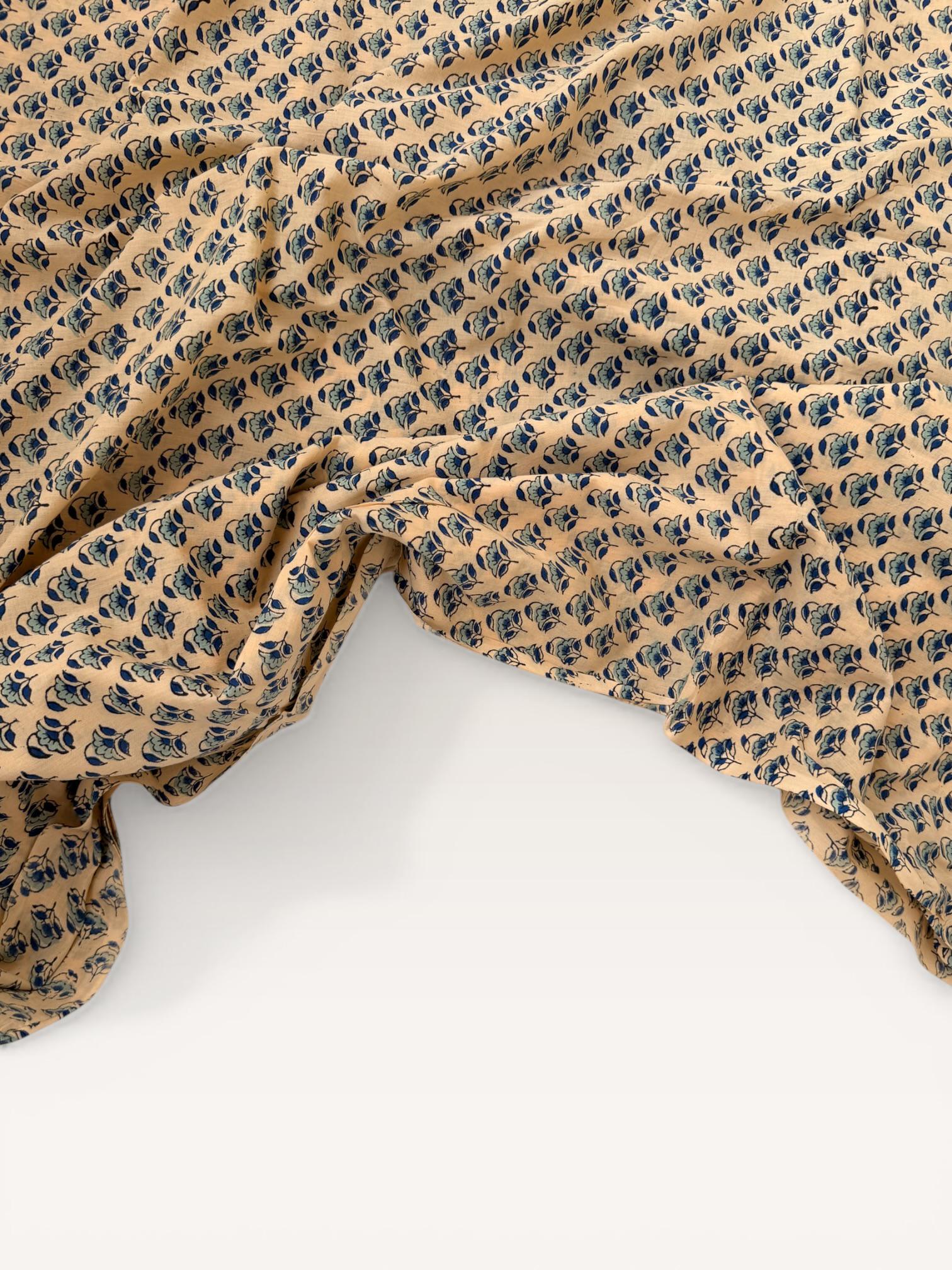 Beige Blue Floral Hand Block Print Cotton Fabric by Yard, Indian Block Print Fabric, Small Floral Cotton Fabric for Quilting, Sewing