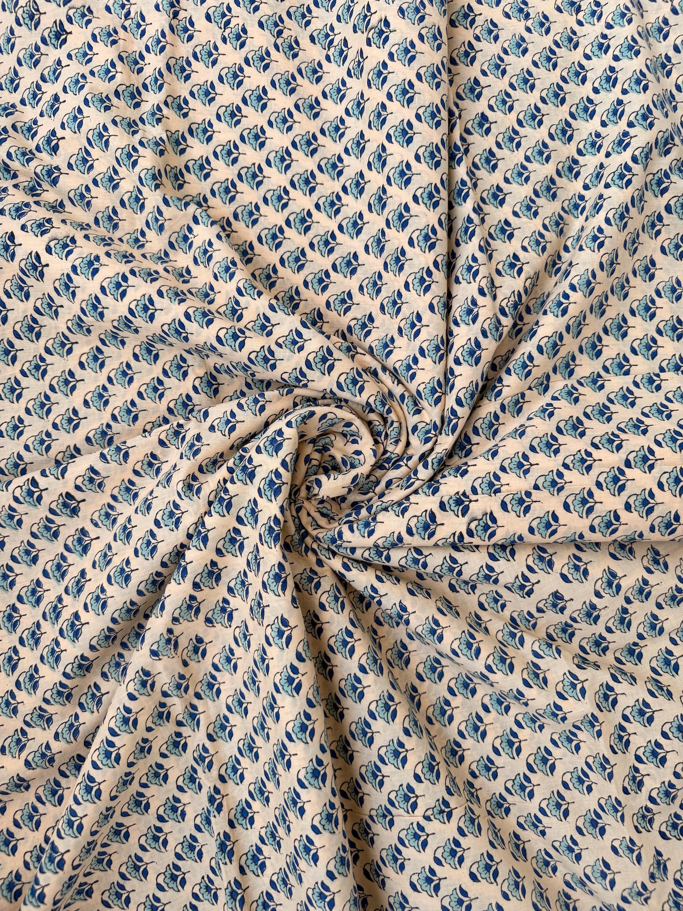 Beige Blue Floral Hand Block Print Cotton Fabric by Yard, Indian Block Print Fabric, Small Floral Cotton Fabric for Quilting, Sewing