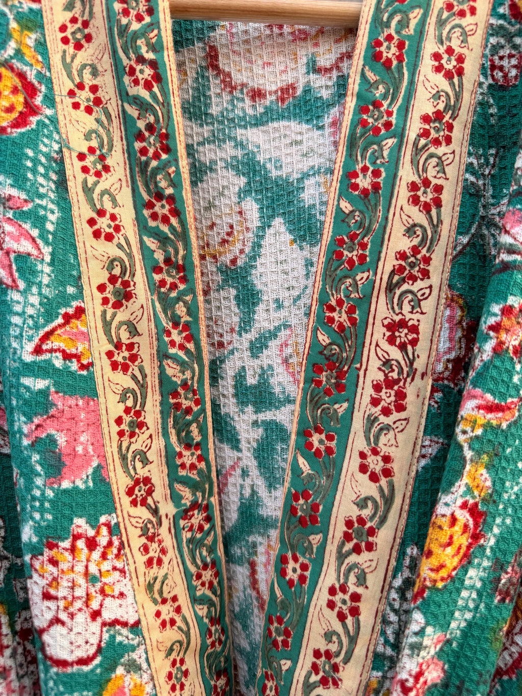 Green Floral Block Print Waffle Bathrobe – Handmade Cotton Kimono Robe – Jaipuri Lightweight Spa Robe – Boho Bridal Gift