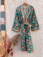 Green Floral Block Print Waffle Bathrobe – Handmade Cotton Kimono Robe – Jaipuri Lightweight Spa Robe – Boho Bridal Gift