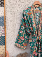 Green Floral Block Print Waffle Bathrobe – Handmade Cotton Kimono Robe – Jaipuri Lightweight Spa Robe – Boho Bridal Gift