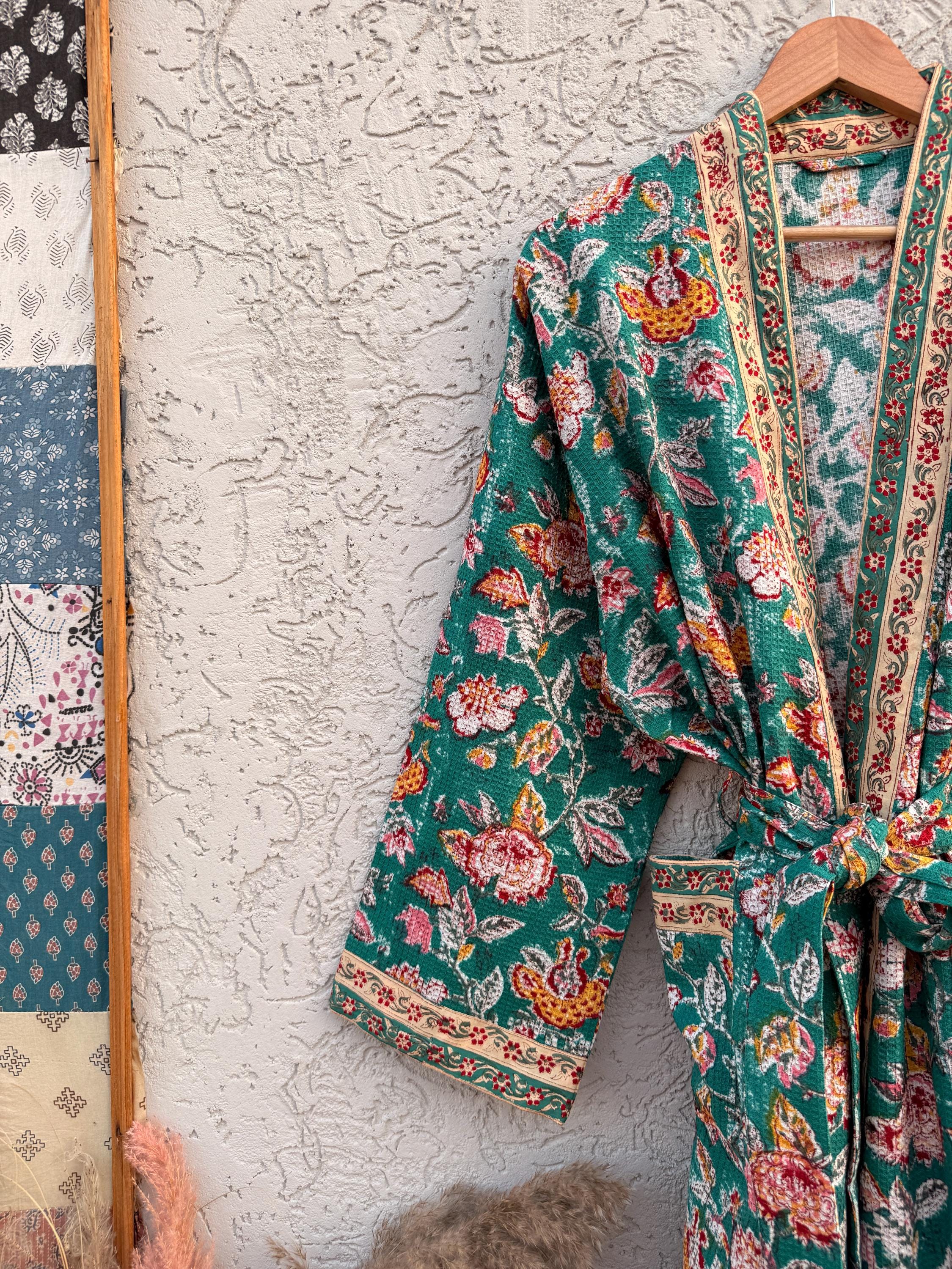Green Floral Block Print Waffle Bathrobe – Handmade Cotton Kimono Robe – Jaipuri Lightweight Spa Robe – Boho Bridal Gift
