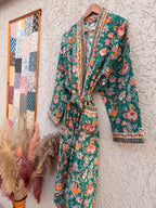 Green Floral Block Print Waffle Bathrobe – Handmade Cotton Kimono Robe – Jaipuri Lightweight Spa Robe – Boho Bridal Gift