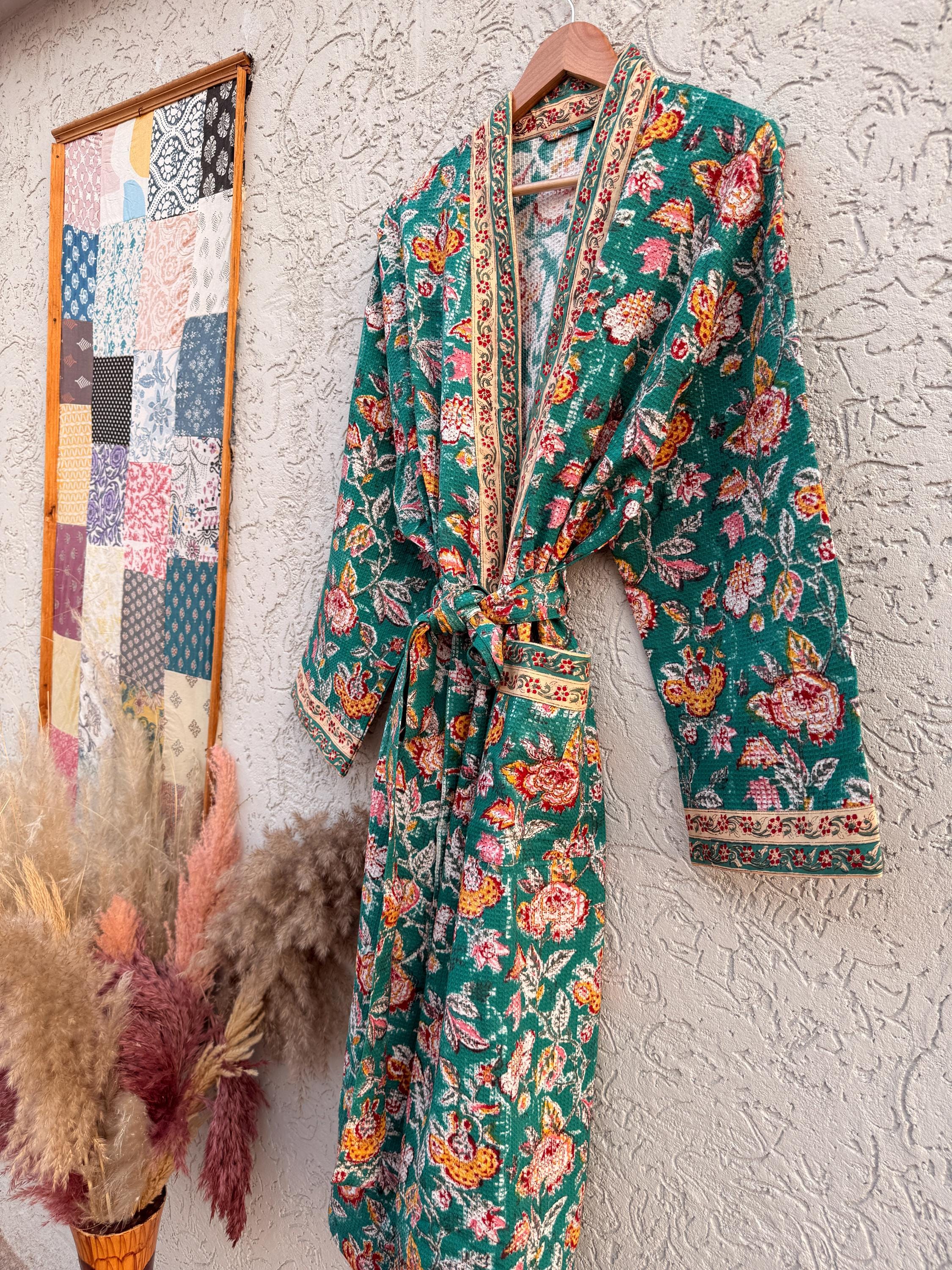 Green Floral Block Print Waffle Bathrobe – Handmade Cotton Kimono Robe – Jaipuri Lightweight Spa Robe – Boho Bridal Gift