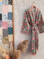 Sage Green Floral Block Print Waffle Bathrobe – Handmade Cotton Kimono Robe – Jaipuri Lightweight Spa Robe – Boho Bridal Getting Ready Gown