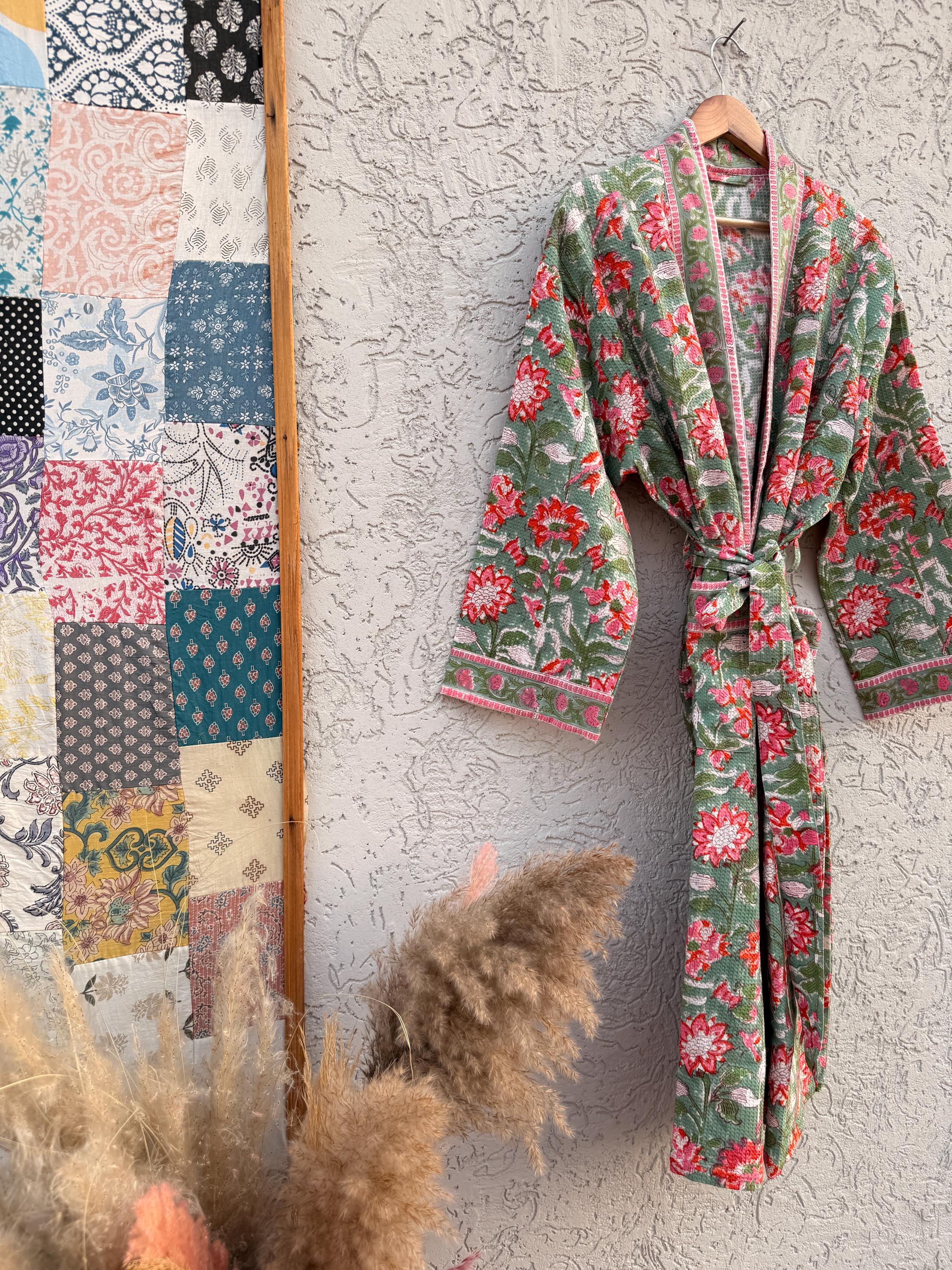 Sage Green Floral Block Print Waffle Bathrobe – Handmade Cotton Kimono Robe – Jaipuri Lightweight Spa Robe – Boho Bridal Getting Ready Gown