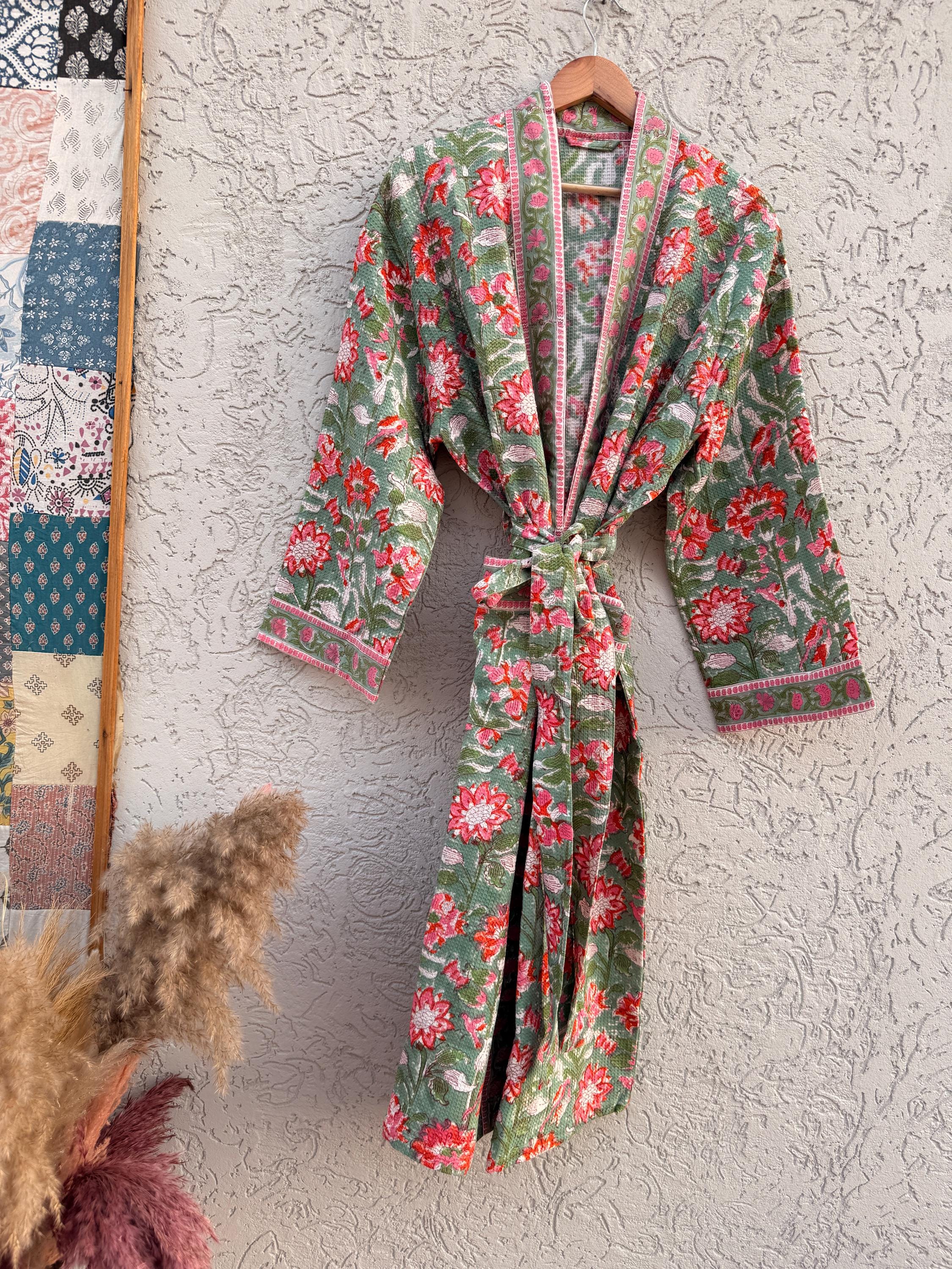Sage Green Floral Block Print Waffle Bathrobe – Handmade Cotton Kimono Robe – Jaipuri Lightweight Spa Robe – Boho Bridal Getting Ready Gown