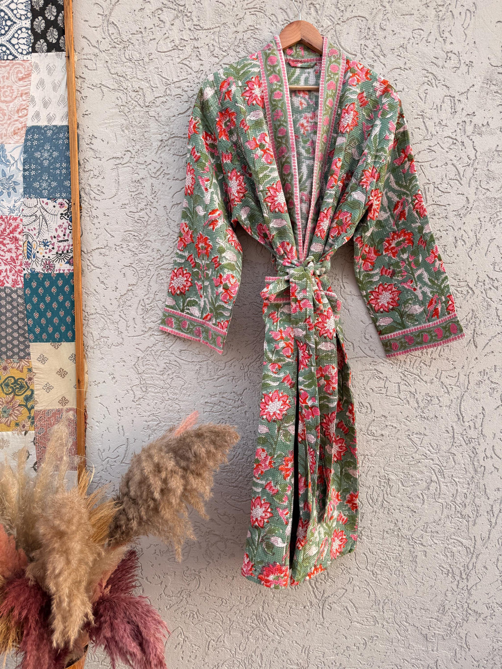 Sage Green Floral Block Print Waffle Bathrobe – Handmade Cotton Kimono Robe – Jaipuri Lightweight Spa Robe – Boho Bridal Getting Ready Gown