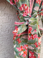 Sage Green Floral Block Print Waffle Bathrobe – Handmade Cotton Kimono Robe – Jaipuri Lightweight Spa Robe – Boho Bridal Getting Ready Gown