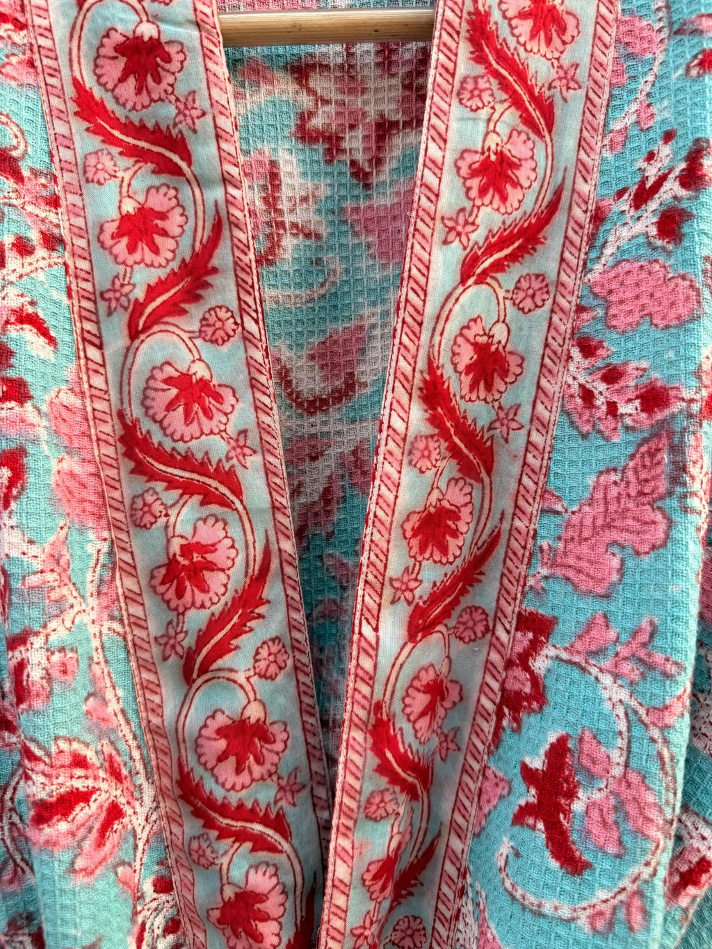 Turquoise Floral Block Print Waffle Bathrobe – Handmade Cotton Kimono Robe – Jaipuri Lightweight Spa Robe – Boho Bridal Getting Ready Gown