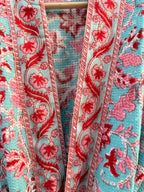 Turquoise Floral Block Print Waffle Bathrobe – Handmade Cotton Kimono Robe – Jaipuri Lightweight Spa Robe – Boho Bridal Getting Ready Gown