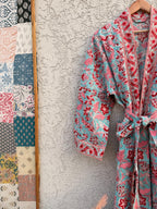 Turquoise Floral Block Print Waffle Bathrobe – Handmade Cotton Kimono Robe – Jaipuri Lightweight Spa Robe – Boho Bridal Getting Ready Gown