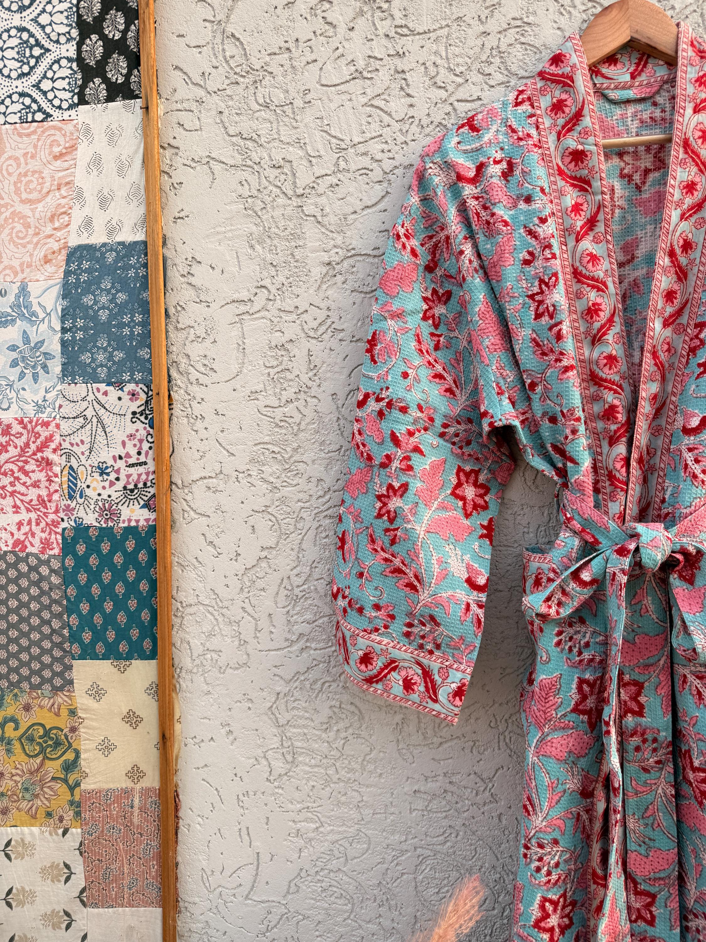 Turquoise Floral Block Print Waffle Bathrobe – Handmade Cotton Kimono Robe – Jaipuri Lightweight Spa Robe – Boho Bridal Getting Ready Gown
