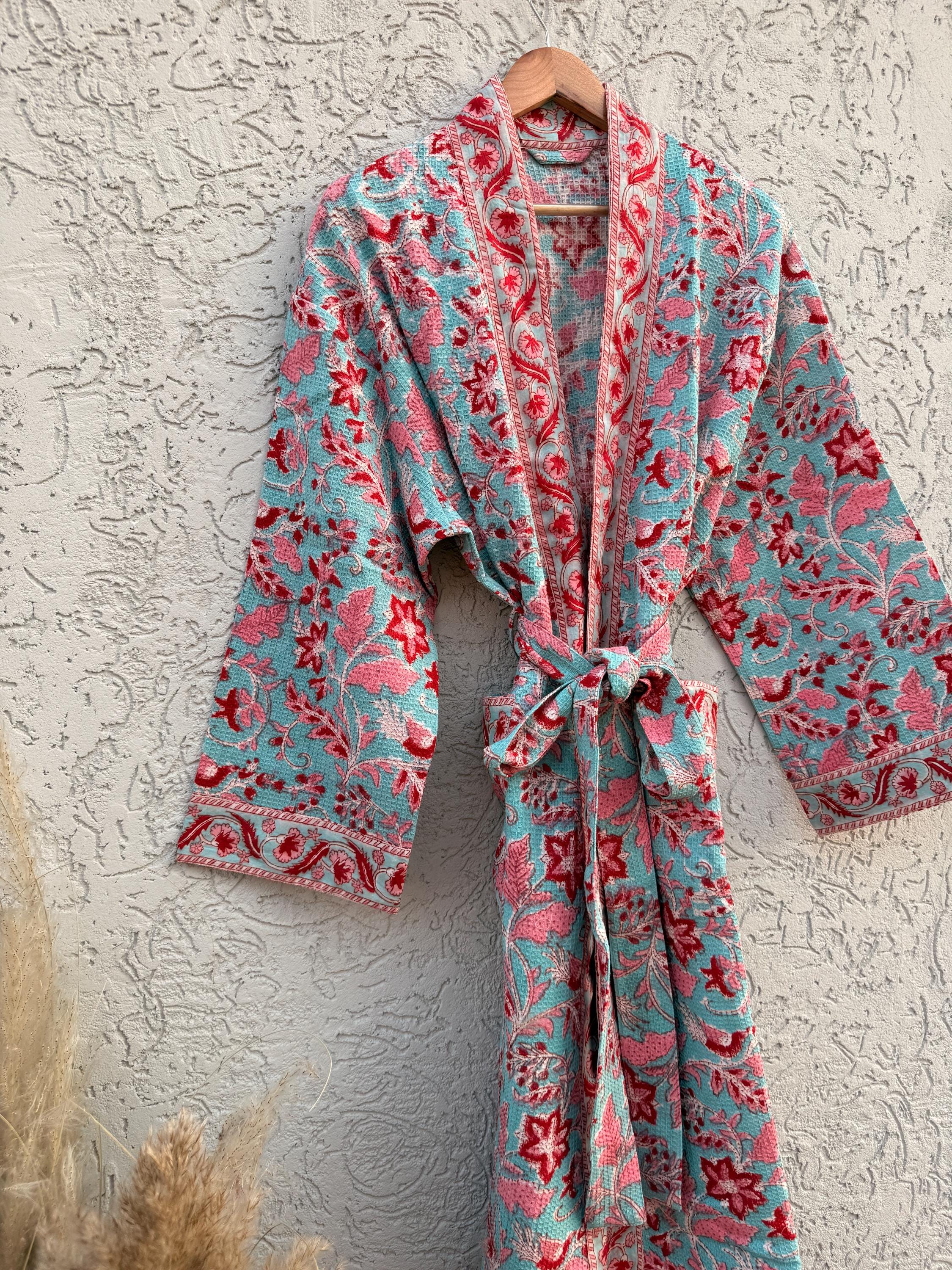 Turquoise Floral Block Print Waffle Bathrobe – Handmade Cotton Kimono Robe – Jaipuri Lightweight Spa Robe – Boho Bridal Getting Ready Gown