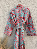 Turquoise Floral Block Print Waffle Bathrobe – Handmade Cotton Kimono Robe – Jaipuri Lightweight Spa Robe – Boho Bridal Getting Ready Gown