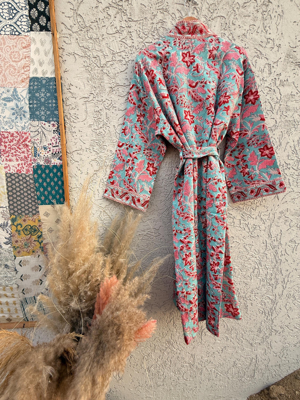 Turquoise Floral Block Print Waffle Bathrobe – Handmade Cotton Kimono Robe – Jaipuri Lightweight Spa Robe – Boho Bridal Getting Ready Gown