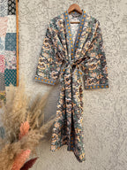Sage Green & Mustard Floral Block Print Waffle Bathrobe – Handmade Cotton Kimono Robe – Jaipuri Lightweight Spa Robe – Boho Loungewear