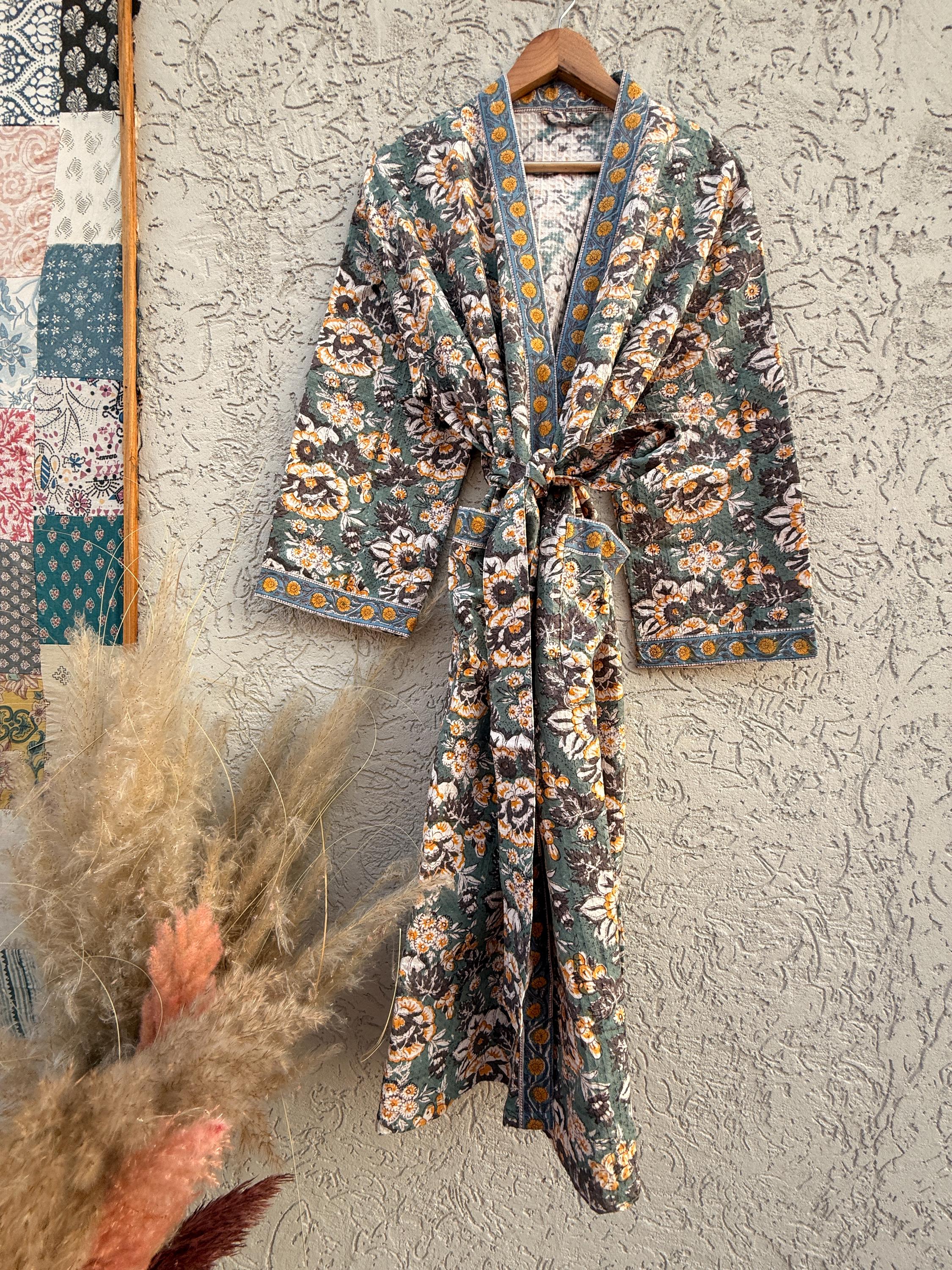 Sage Green & Mustard Floral Block Print Waffle Bathrobe – Handmade Cotton Kimono Robe – Jaipuri Lightweight Spa Robe – Boho Loungewear