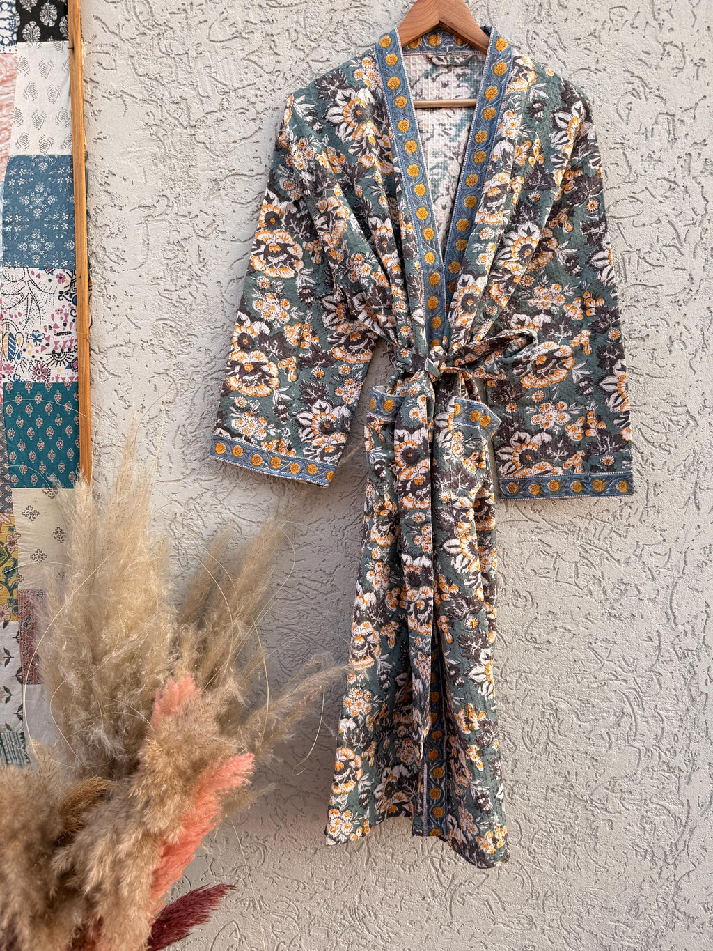 Sage Green & Mustard Floral Block Print Waffle Bathrobe – Handmade Cotton Kimono Robe – Jaipuri Lightweight Spa Robe – Boho Loungewear