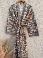 Sage Green & Mustard Floral Block Print Waffle Bathrobe – Handmade Cotton Kimono Robe – Jaipuri Lightweight Spa Robe – Boho Loungewear