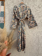 Sage Green & Mustard Floral Block Print Waffle Bathrobe – Handmade Cotton Kimono Robe – Jaipuri Lightweight Spa Robe – Boho Loungewear
