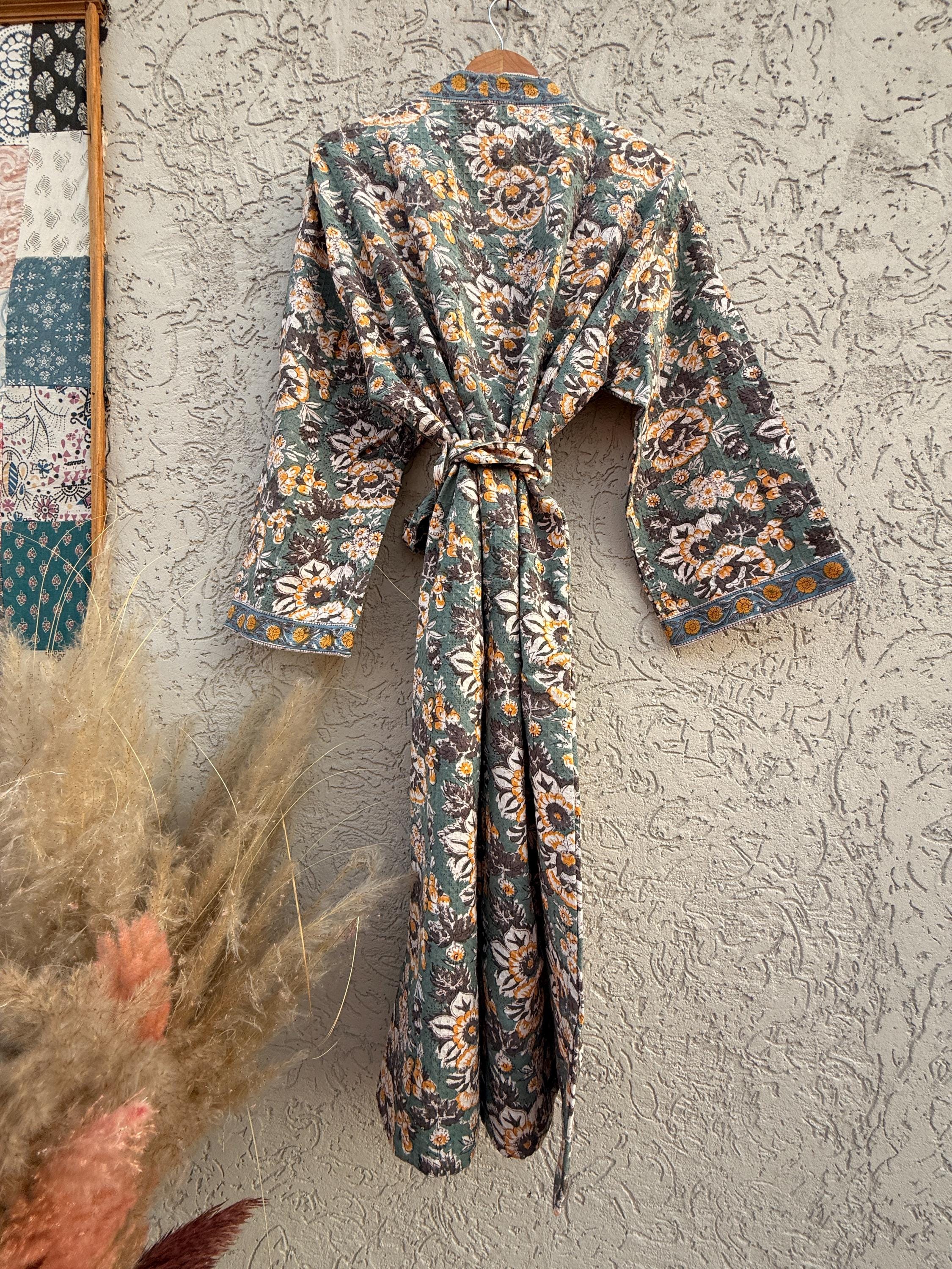 Sage Green & Mustard Floral Block Print Waffle Bathrobe – Handmade Cotton Kimono Robe – Jaipuri Lightweight Spa Robe – Boho Loungewear
