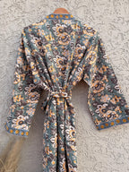 Sage Green & Mustard Floral Block Print Waffle Bathrobe – Handmade Cotton Kimono Robe – Jaipuri Lightweight Spa Robe – Boho Loungewear