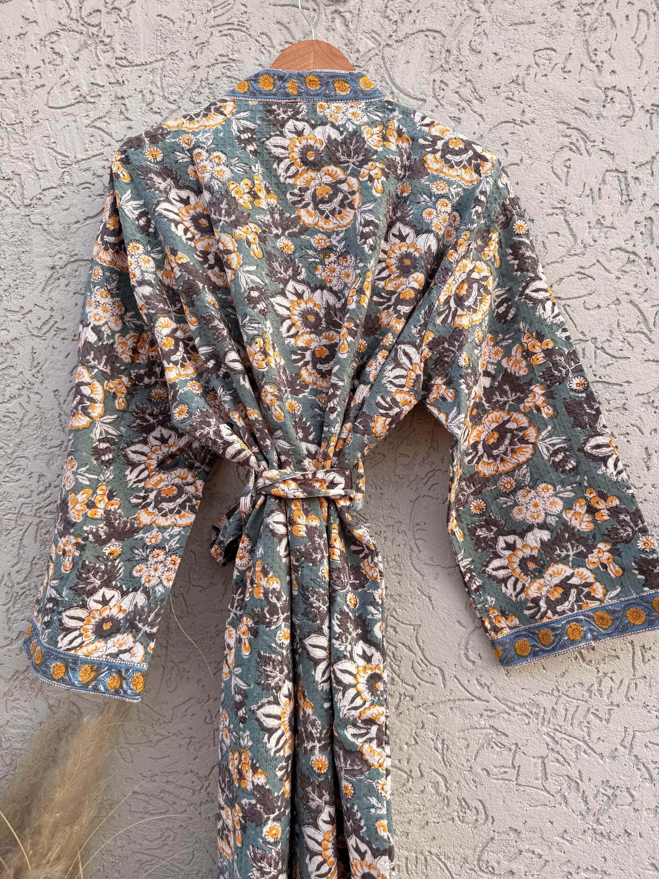 Sage Green & Mustard Floral Block Print Waffle Bathrobe – Handmade Cotton Kimono Robe – Jaipuri Lightweight Spa Robe – Boho Loungewear